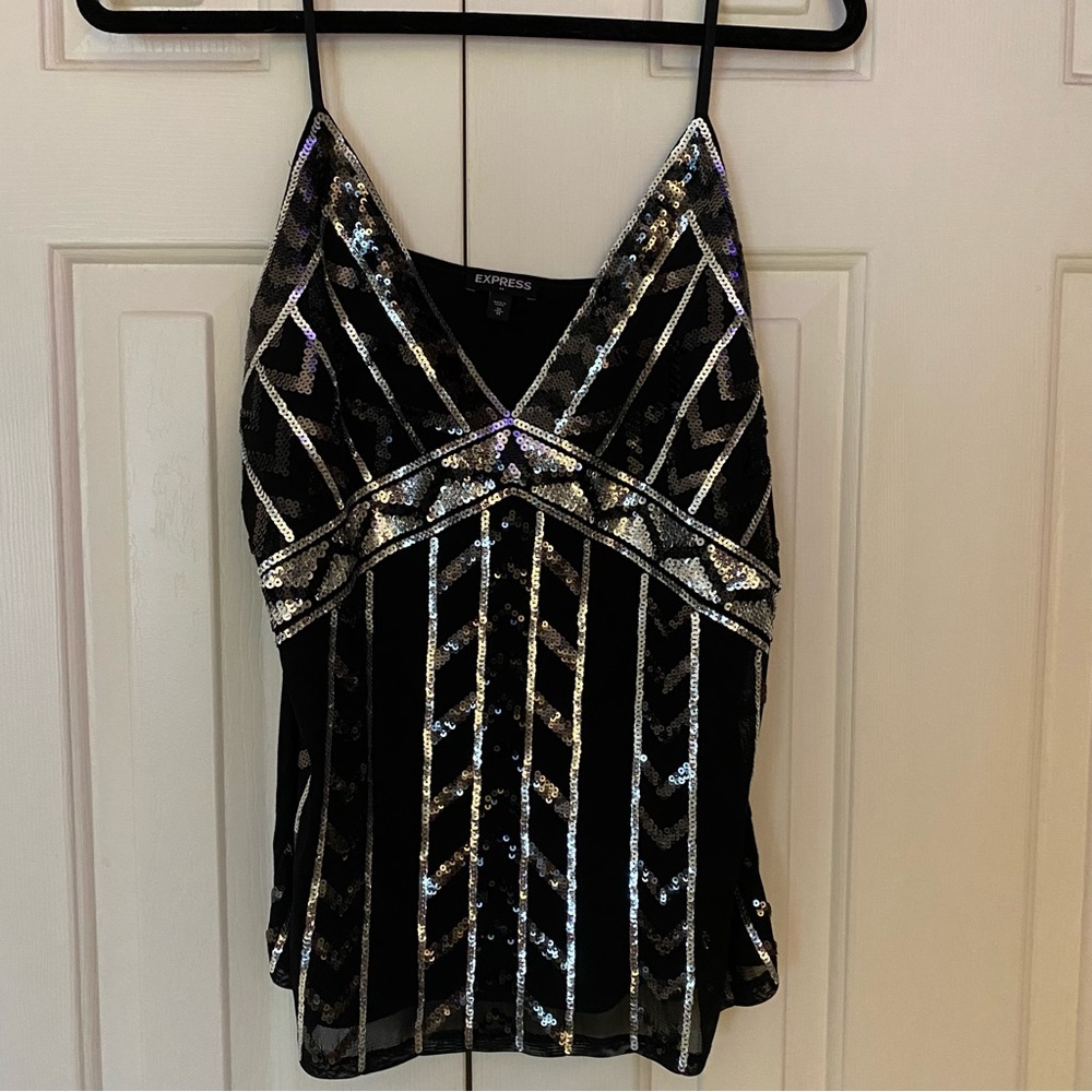 Express black silver sequin tank top, size M